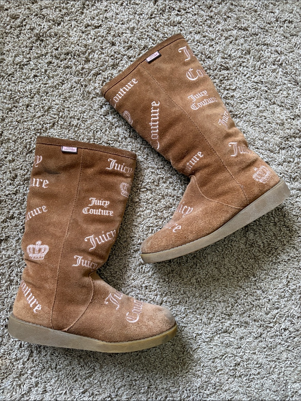Y2K Juicy Couture Brown Suede Logo Mid-Calf Boots